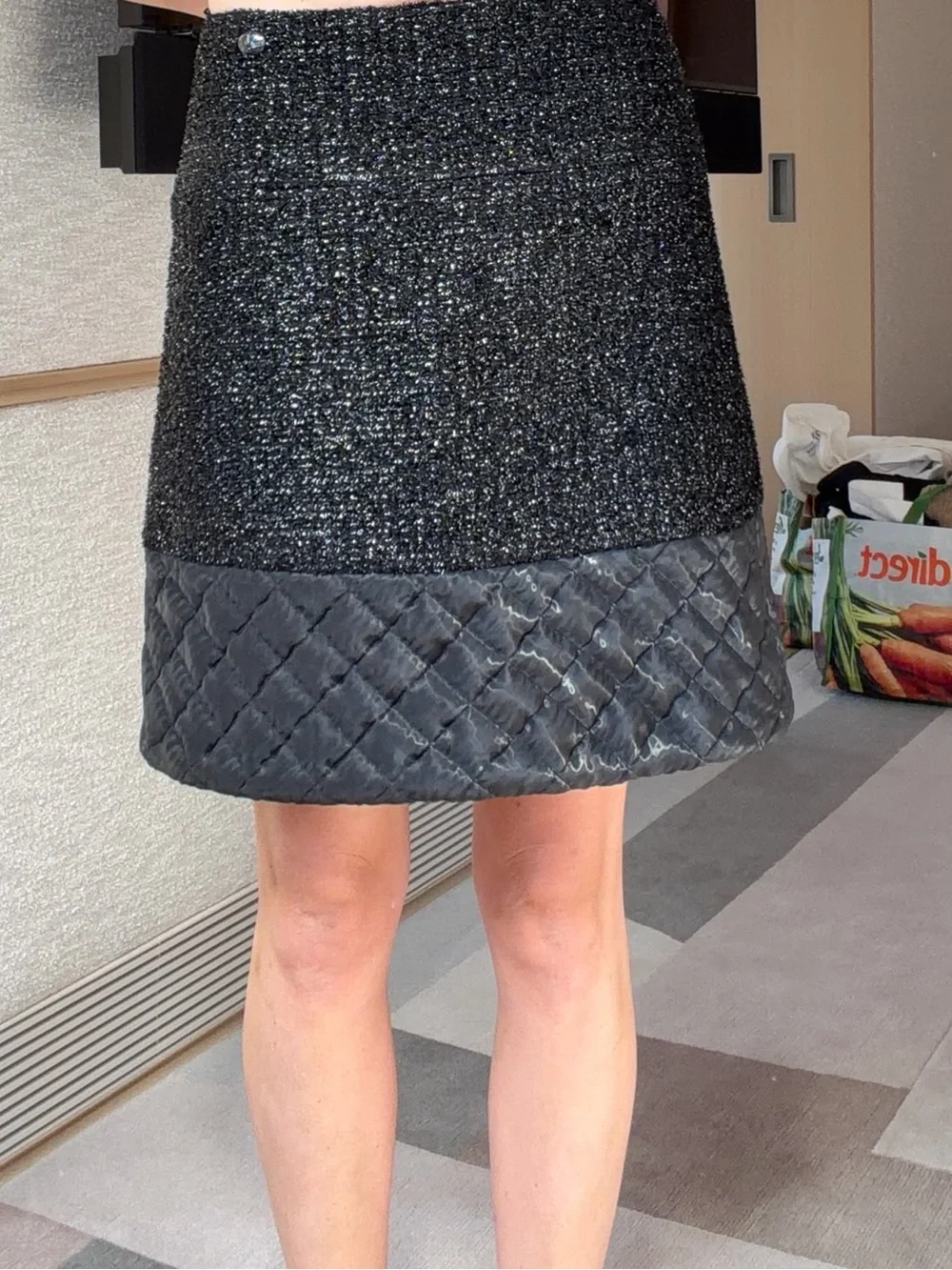 CHANEL Black Sparkle Tweed Mini Skirt with Quilted Hem